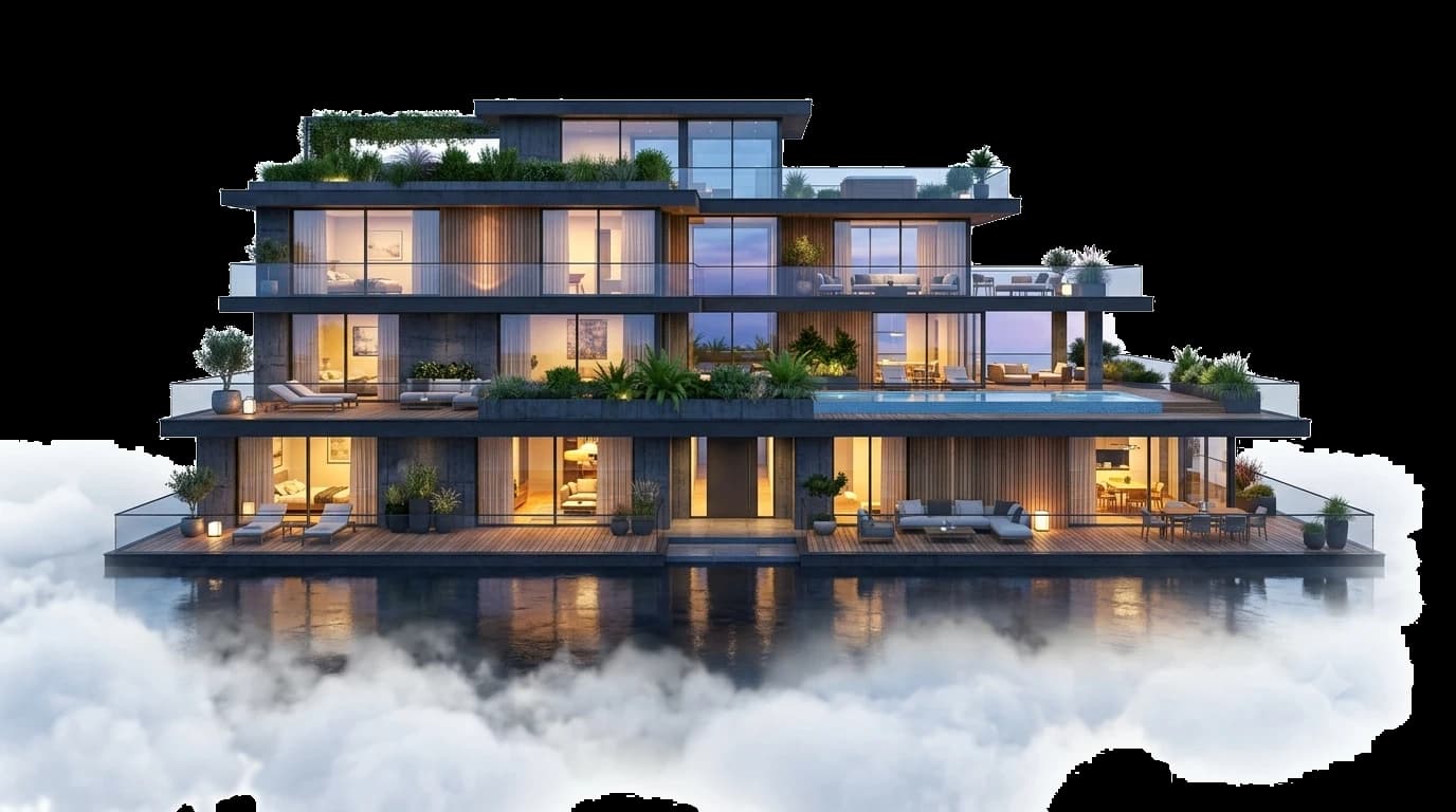 Kademeli teraslı, camlı balkonlu, havuzlu 4 katlı modern villa; alt kenarı bulut geçişiyle beyaza eriyor